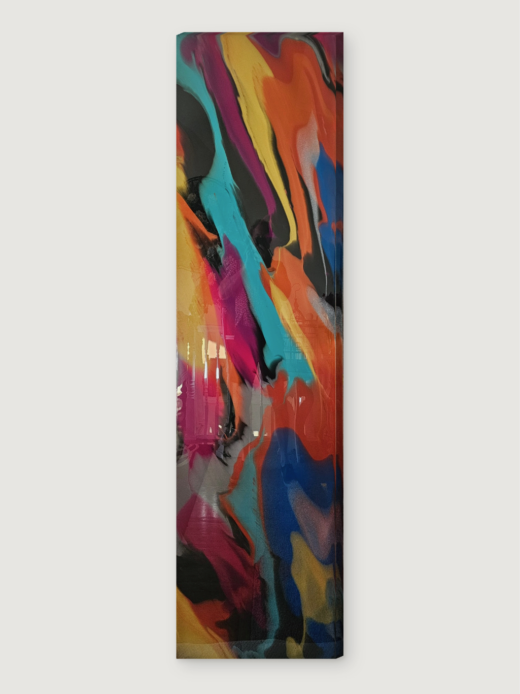 A vertical abstract painting with various colors and shapes.