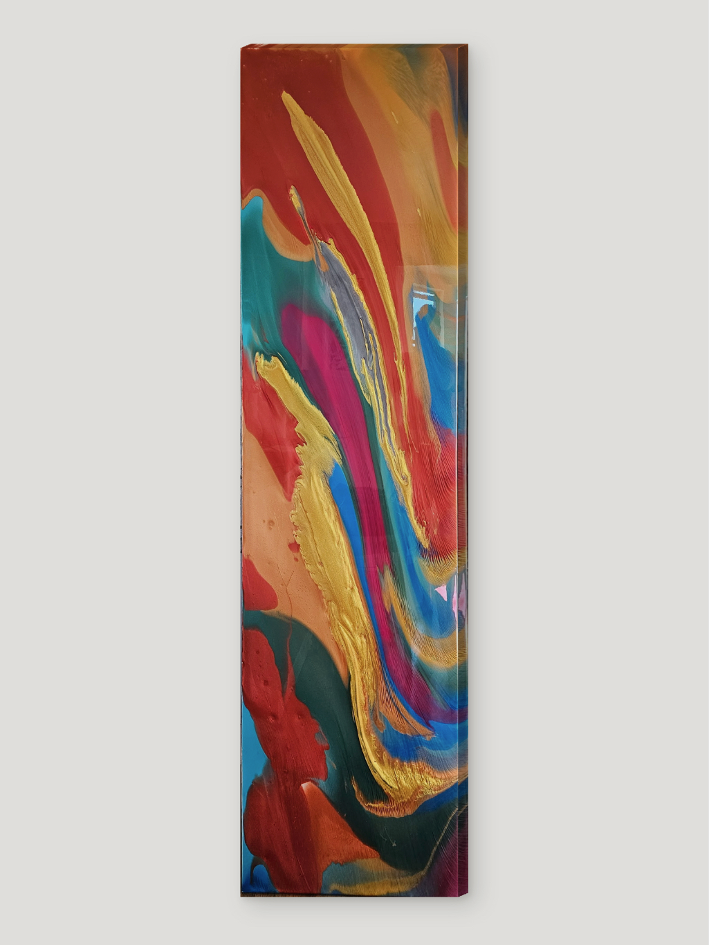 A vertical abstract painting with vibrant colors and swirling patterns.