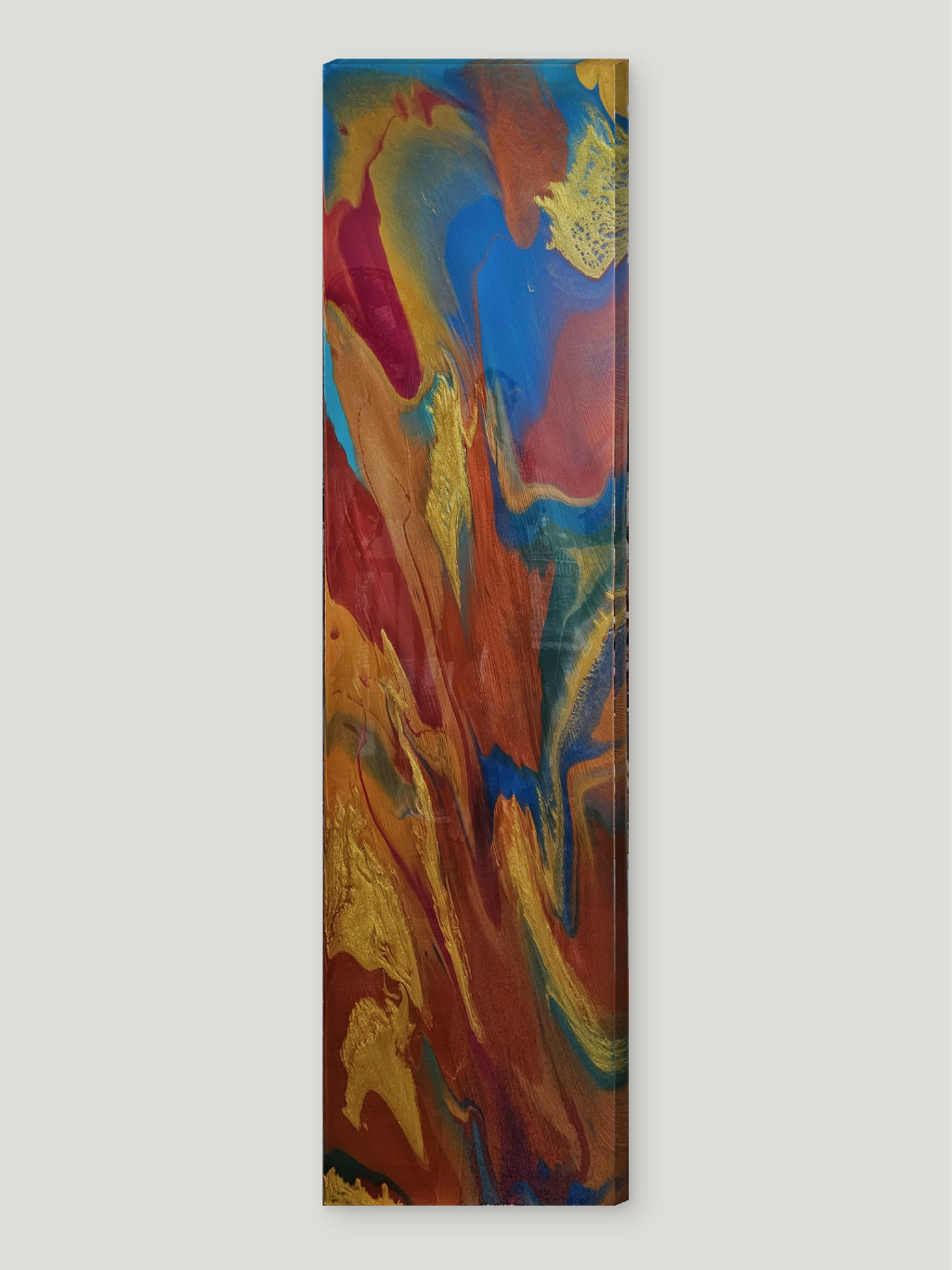 A vertical rectangular painting with abstract colors and shapes.