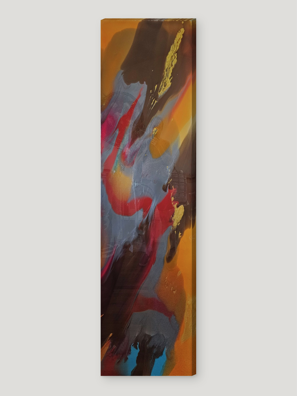 A vertical rectangular painting with abstract colors and shapes.