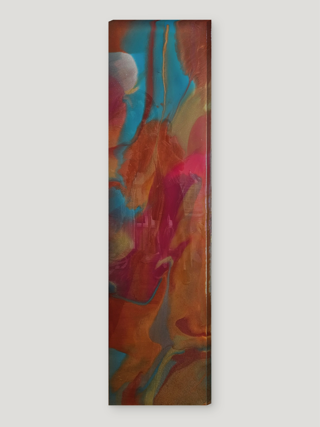 A vertical rectangular painting with abstract colors and shapes.