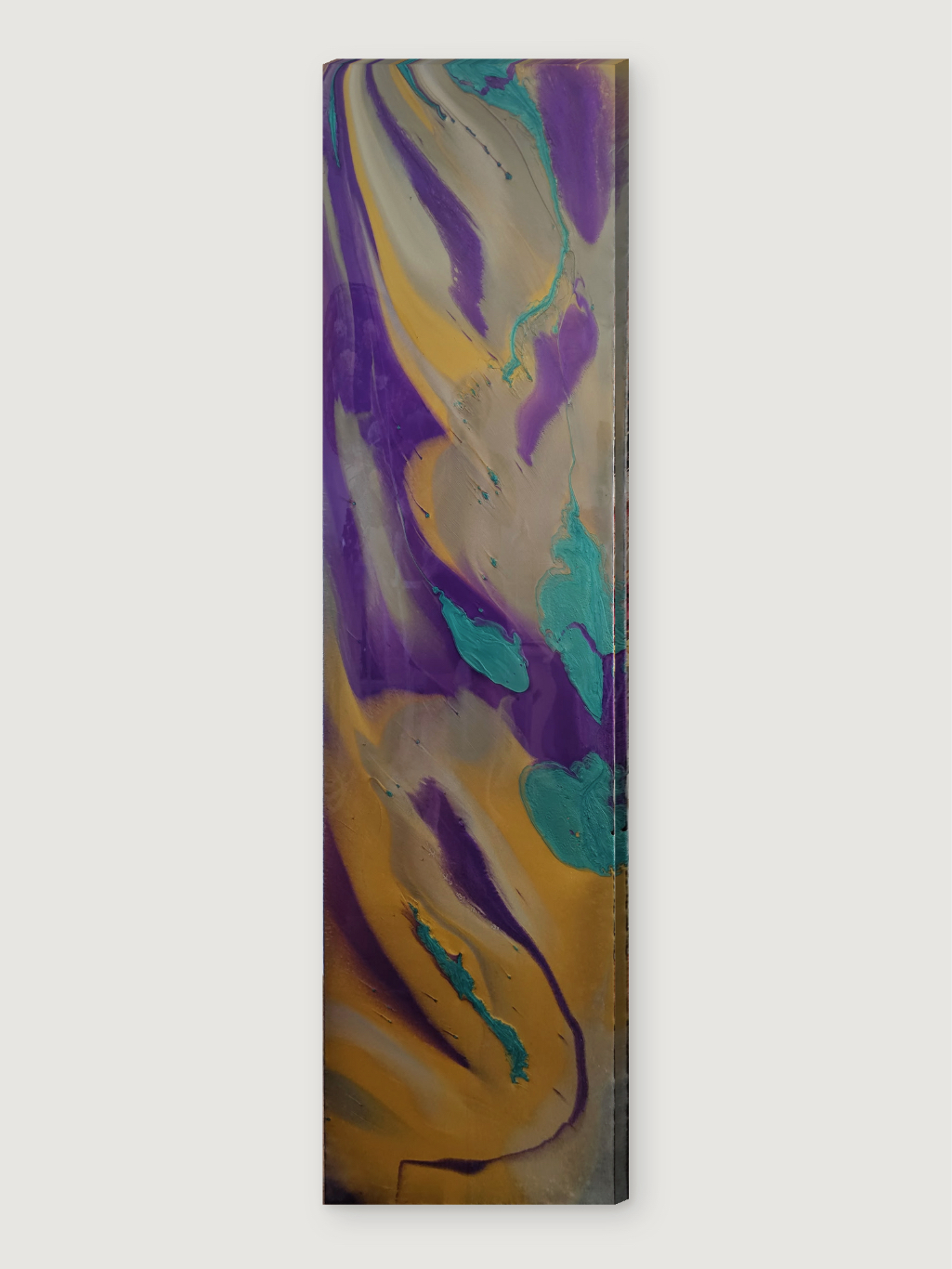 A vertical rectangular painting with abstract colors and shapes.